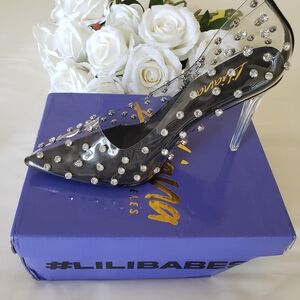 NEW Liliana Women's Black and Clear Studded Heels
